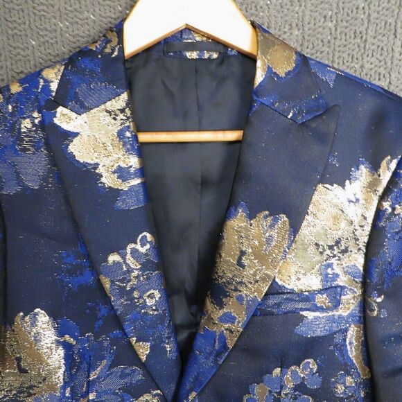 Moss London Mens Party Satin Gold Metallic Floral Skinny Button Jacquard Coat M - Picture 6 of 16